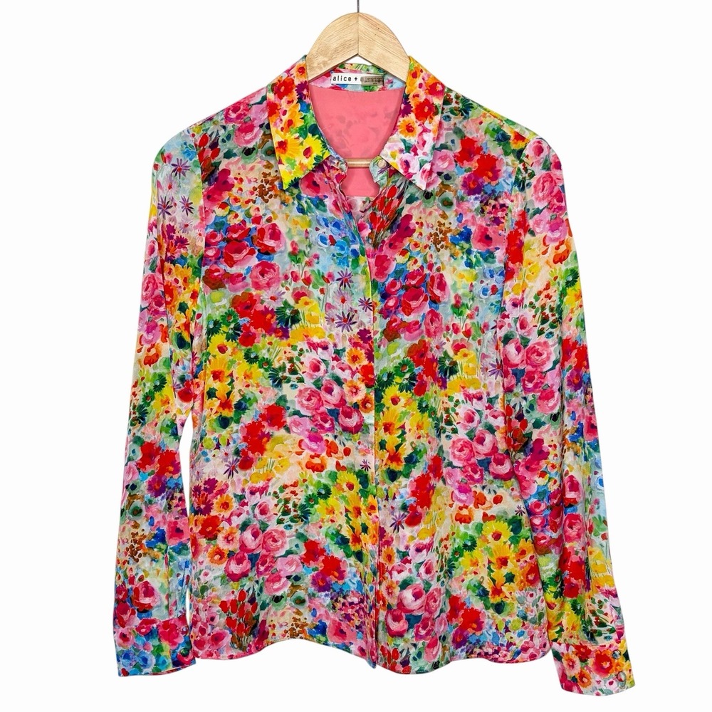 Alice and Olivia Willa Floral Silk Blouse Top Womens M Chiffon Colorful Preppy